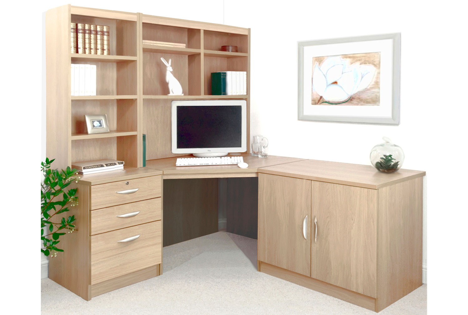 Small Office Corner Home Office Desk Set With 3 Drawers Cupboard & Hutch Bookcases (Sandstone), Sandstone