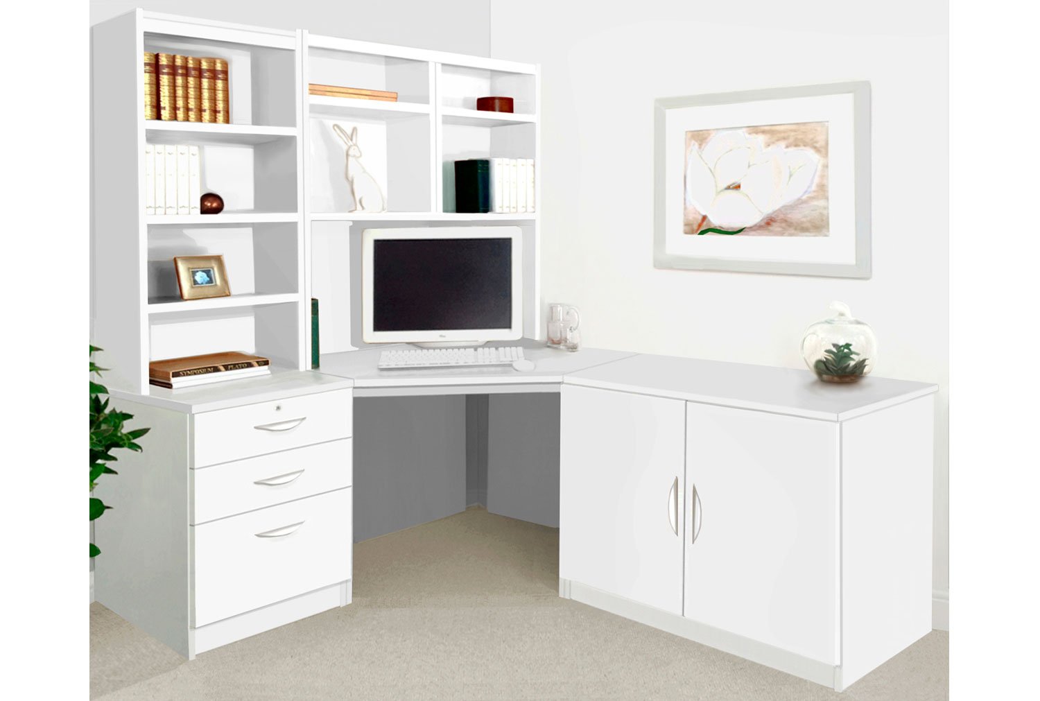 Small Office Corner Home Office Desk Set With 3 Drawers Cupboard & Hutch Bookcases (White), White
