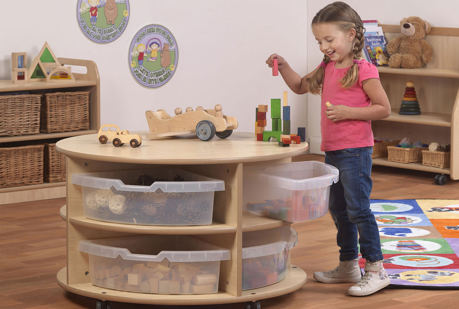 Early Years Double Tier Mobile Circular Storage Unit With Clear Tubs