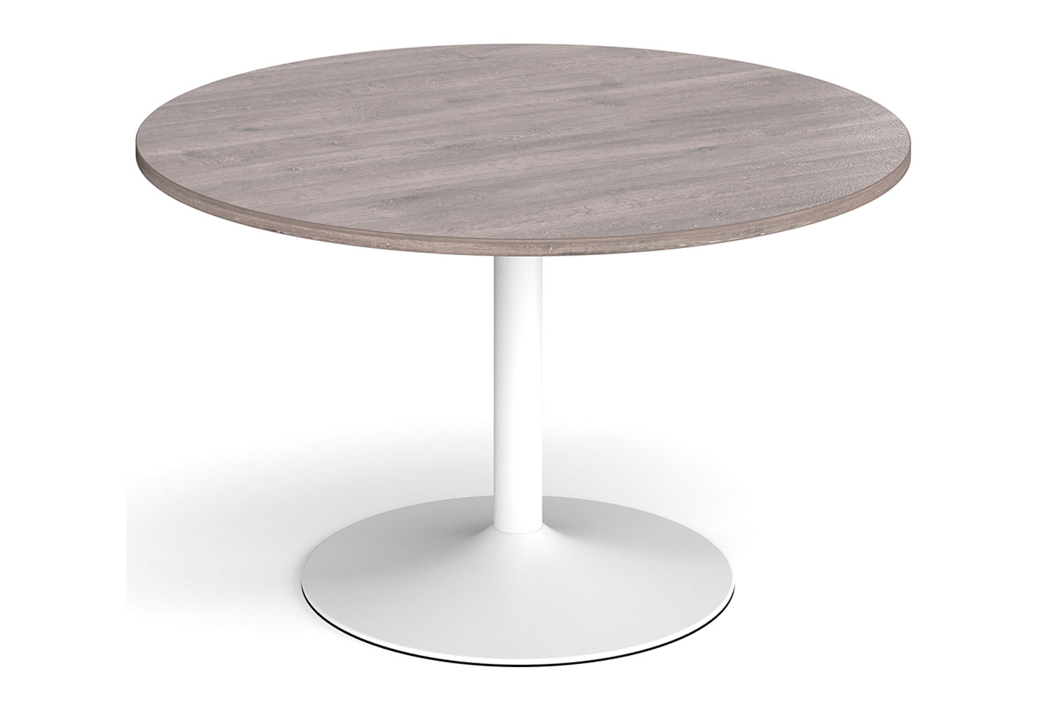 Trumpet Base Circular Boardroom Table, 120diax73h (cm), White Frame, Grey Oak, Fully Installed