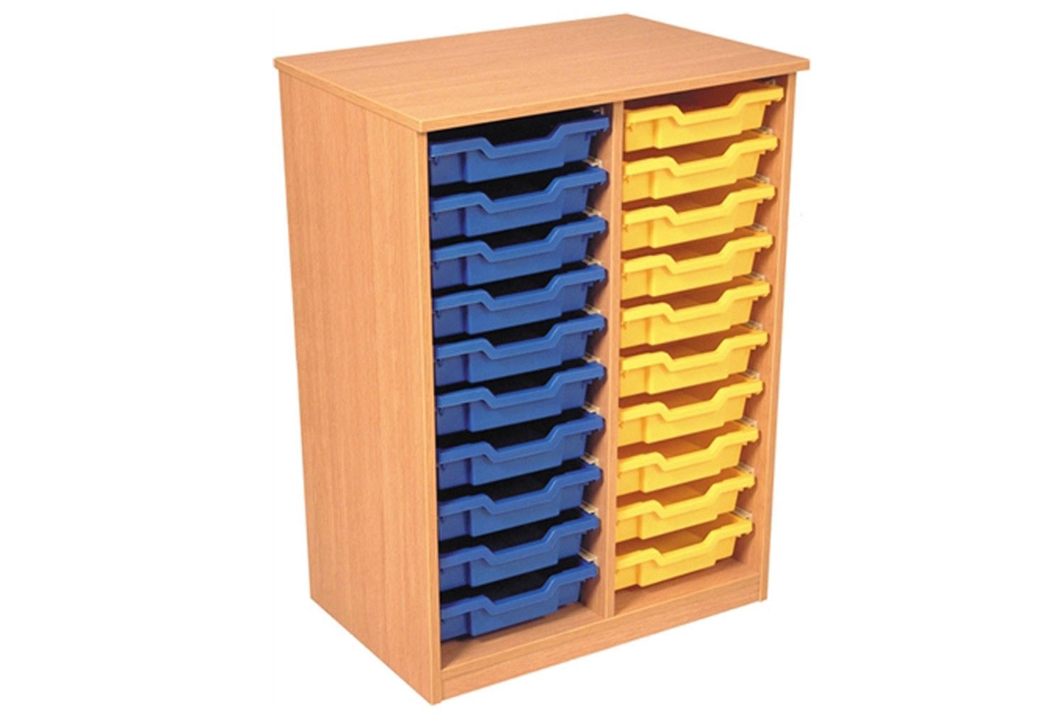 Premium Double Column Classroom Tray Storage Unit With 20 Shallow Classroom Trays, Oak/ Translucent Classroom Trays