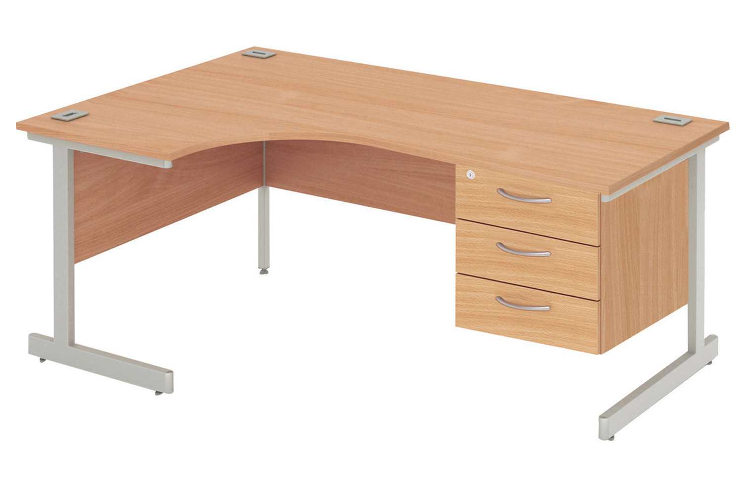 Proteus I Left Hand Ergonomic Office Desk With 3 Drawers, 160wx120/80dx73h (cm), Silver Frame, Grey Oak