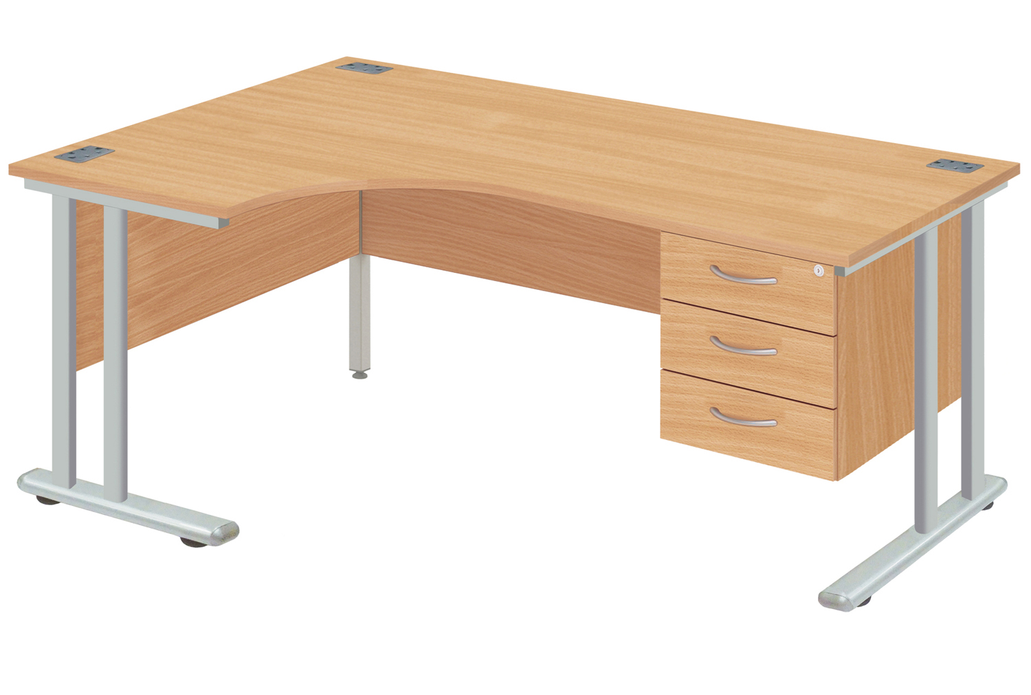 Proteus II Left Hand Ergonomic Office Desk With 3 Drawers, 160wx80dx73h (cm), Silver Frame, Beech, Express Delivery